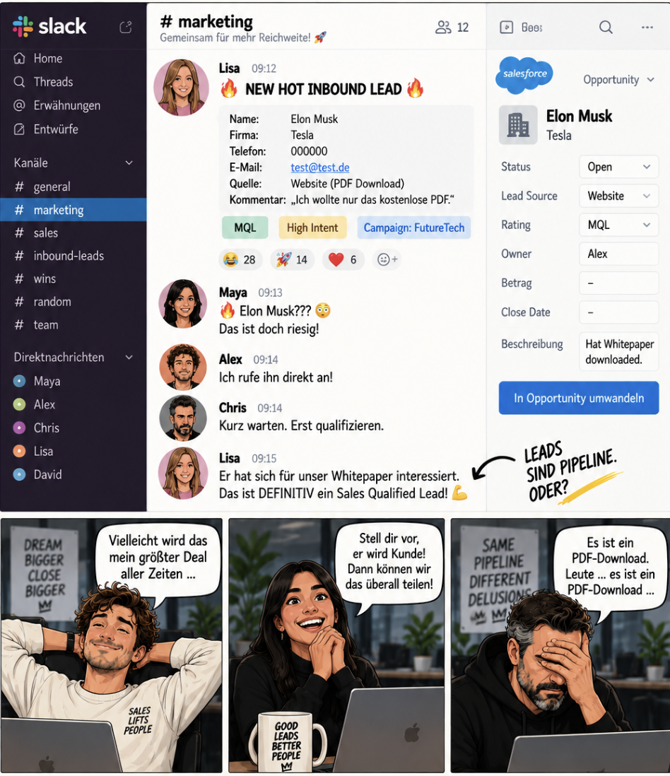 Chris fragt nach dem Forecast. Alex setzt einen leeren Deal optimistisch auf Commit.